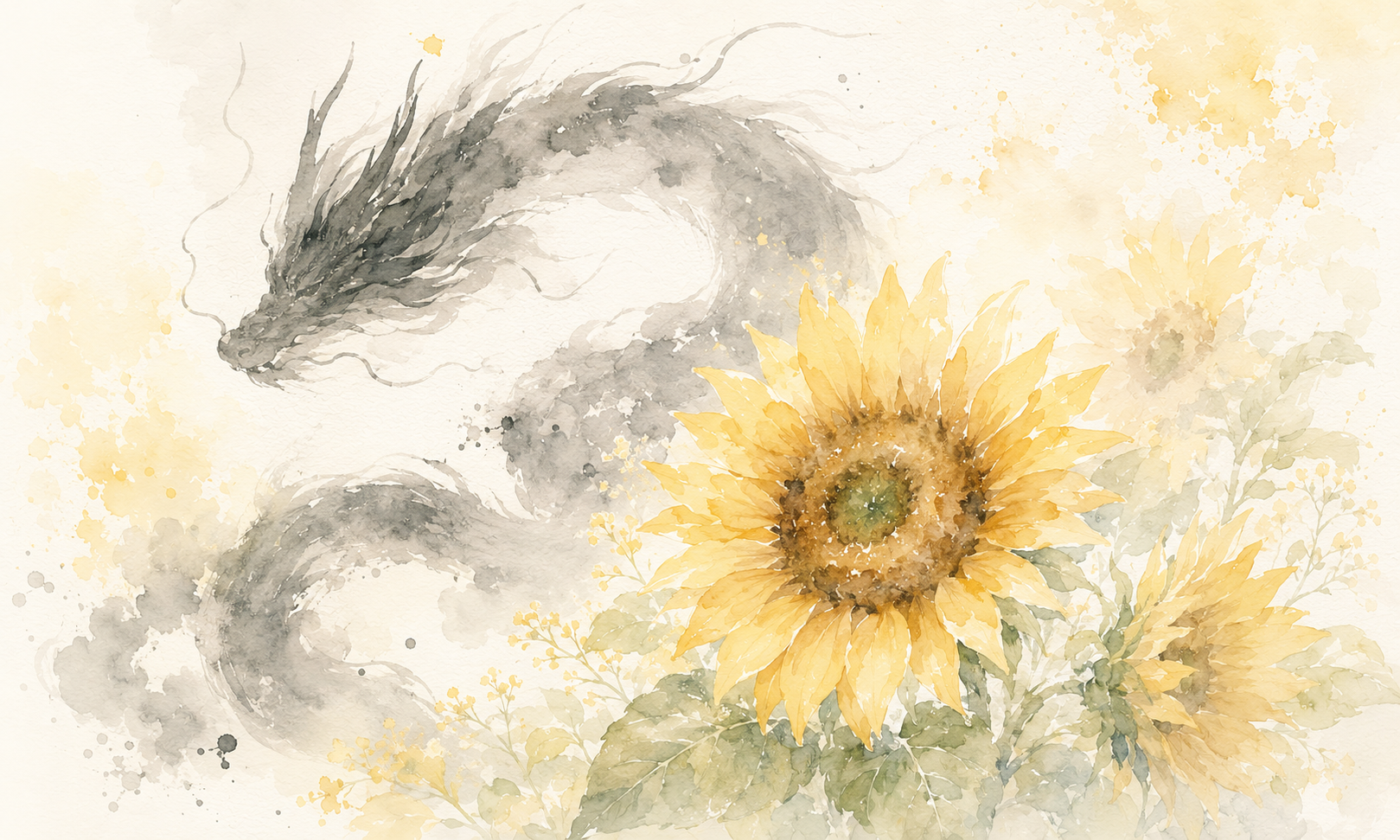 向日葵と墨で描かれた黒龍の水彩画