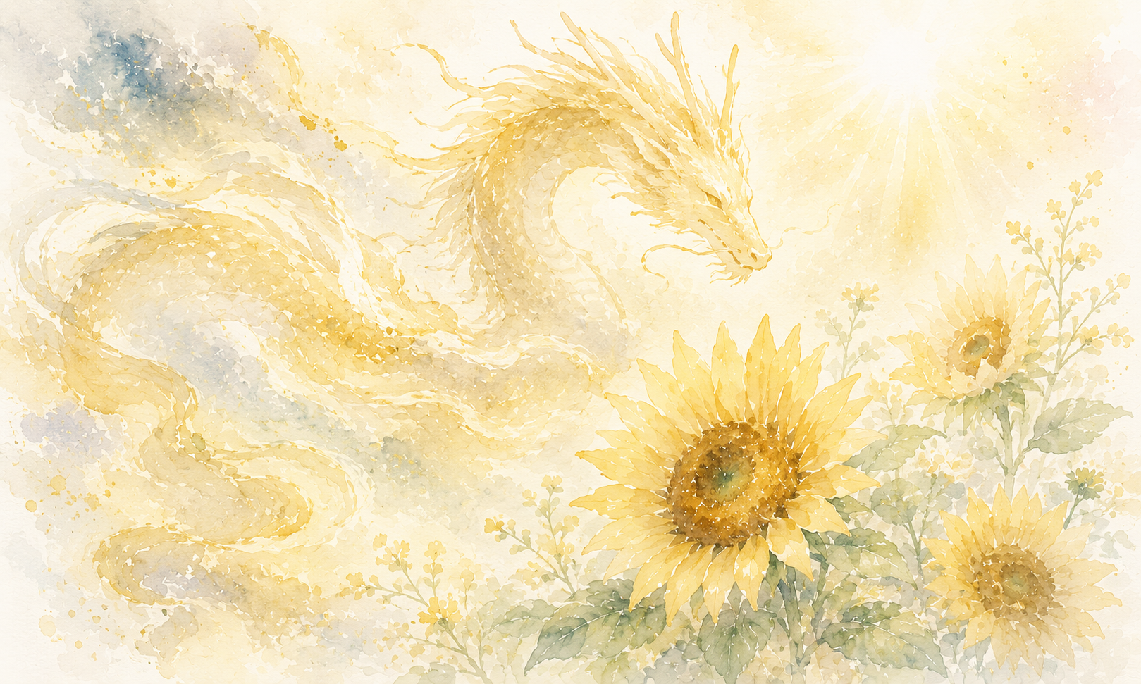 向日葵と淡い金色の龍神を描いた水彩画