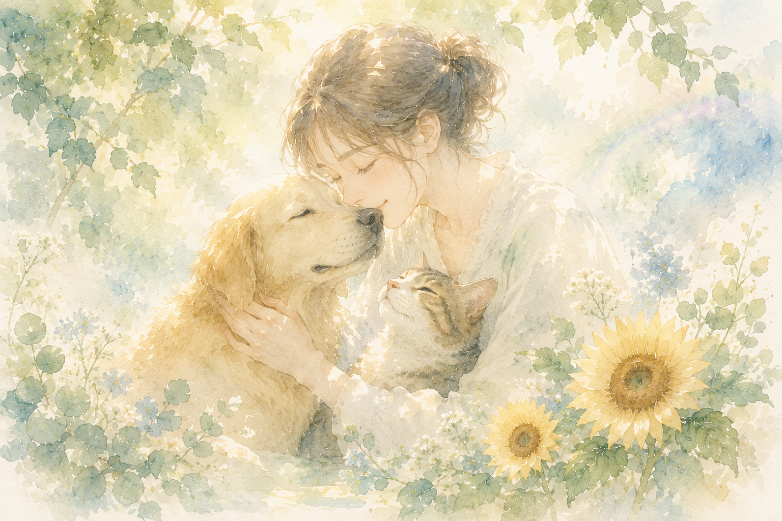 犬や猫との温かなつながりを描いた水彩画