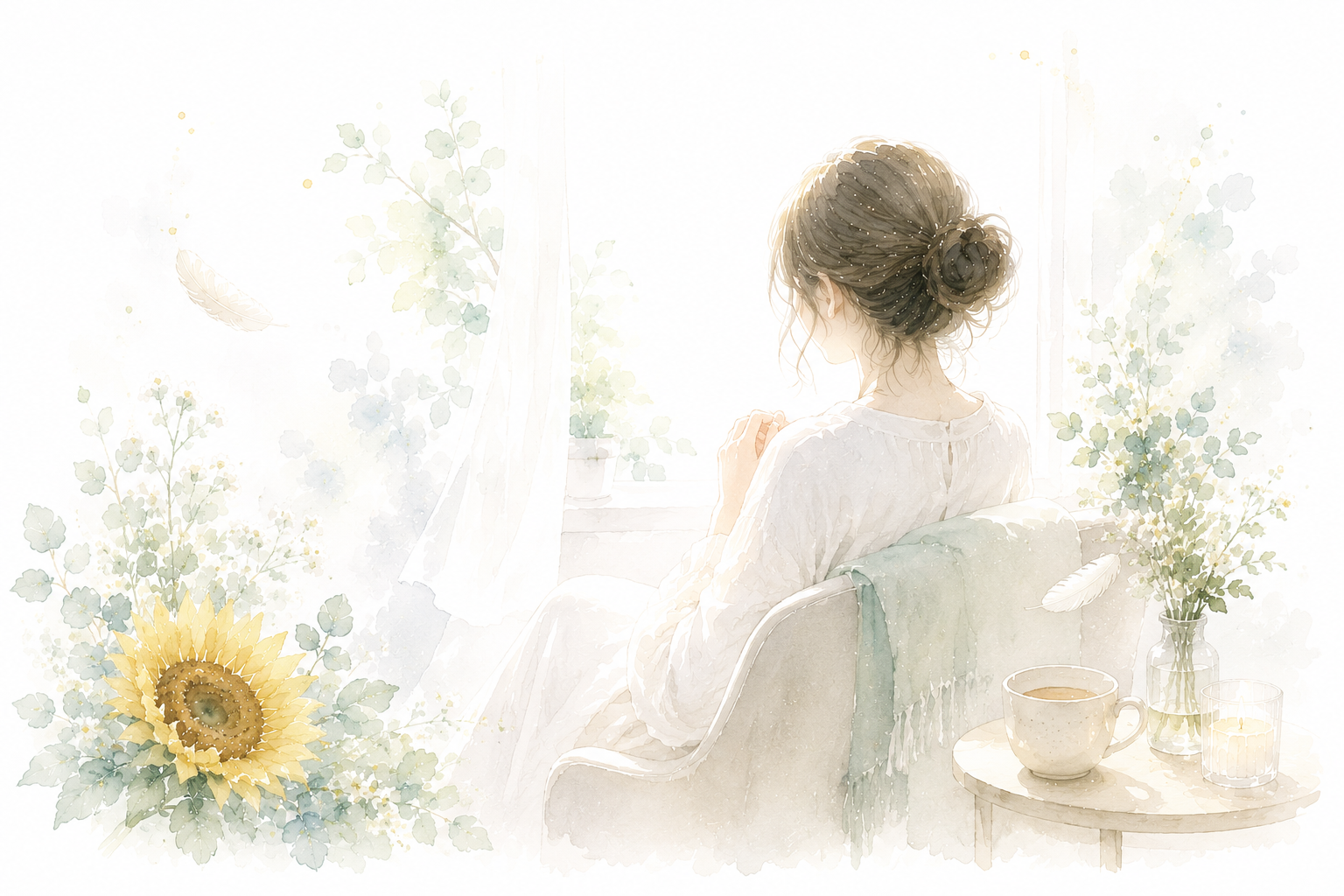 明るい部屋で心を落ち着ける女性と向日葵の水彩画