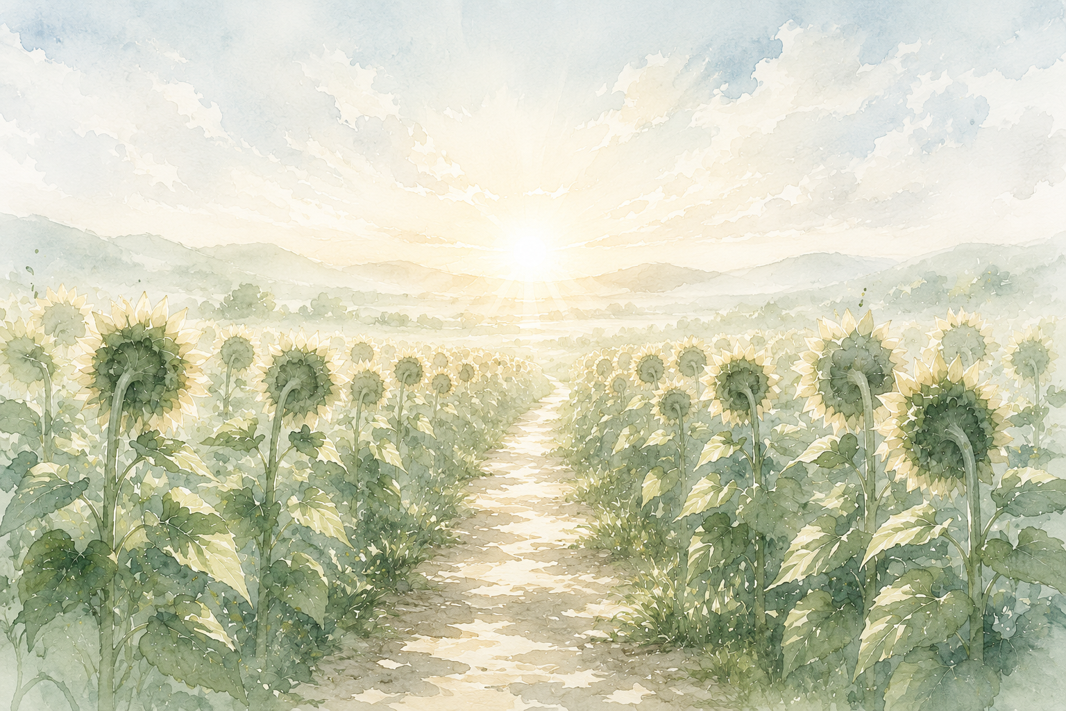 朝日に向かって咲く向日葵畑と一本道の水彩画